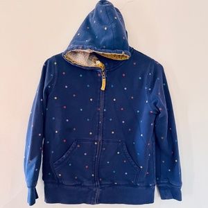 Mini Boden kids Shaggy Lined Hoodie in dark blue with polka dots size 11-12